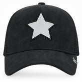 Vintage Havana Trucker Hat for Women & Men – Black Faux Nubuck Leather & Mesh Adjustable Cap With White Cracked Leather Star